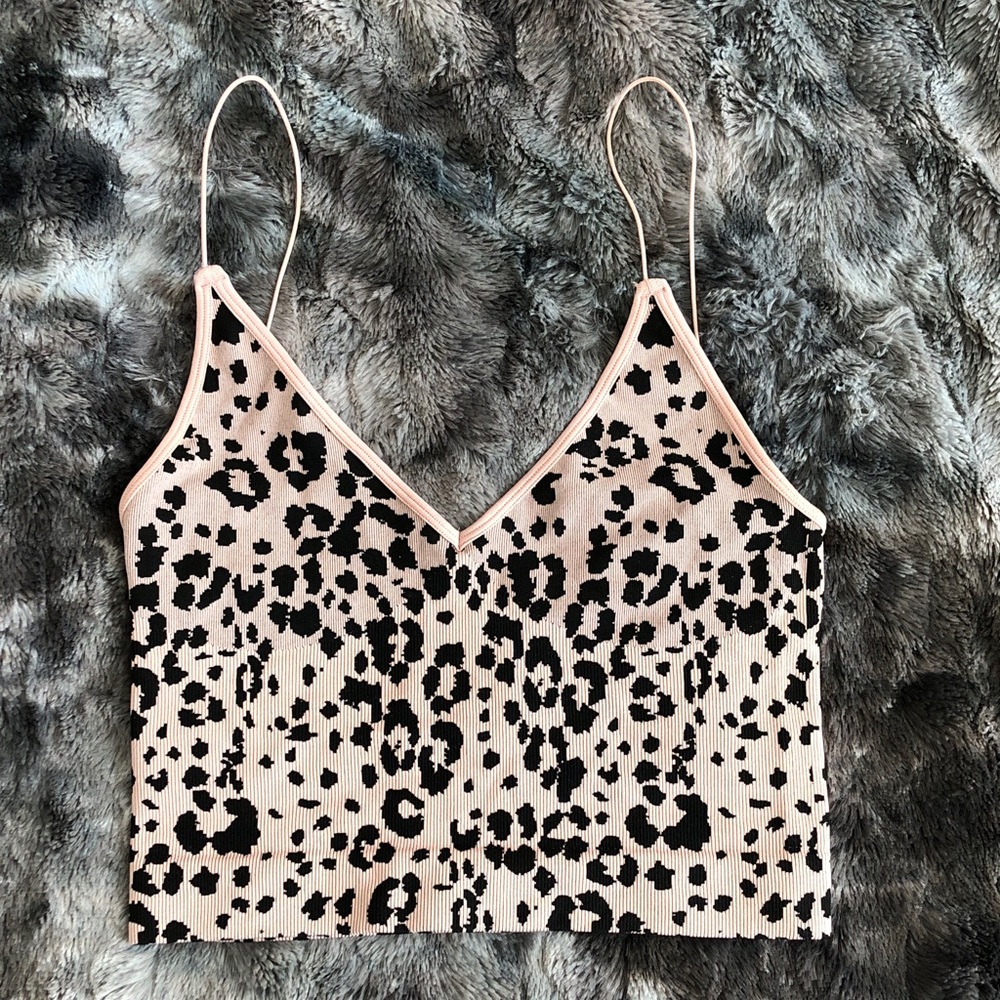 Free people Leopard Print Ribbed Crop Cami Top - Light Pink/Black